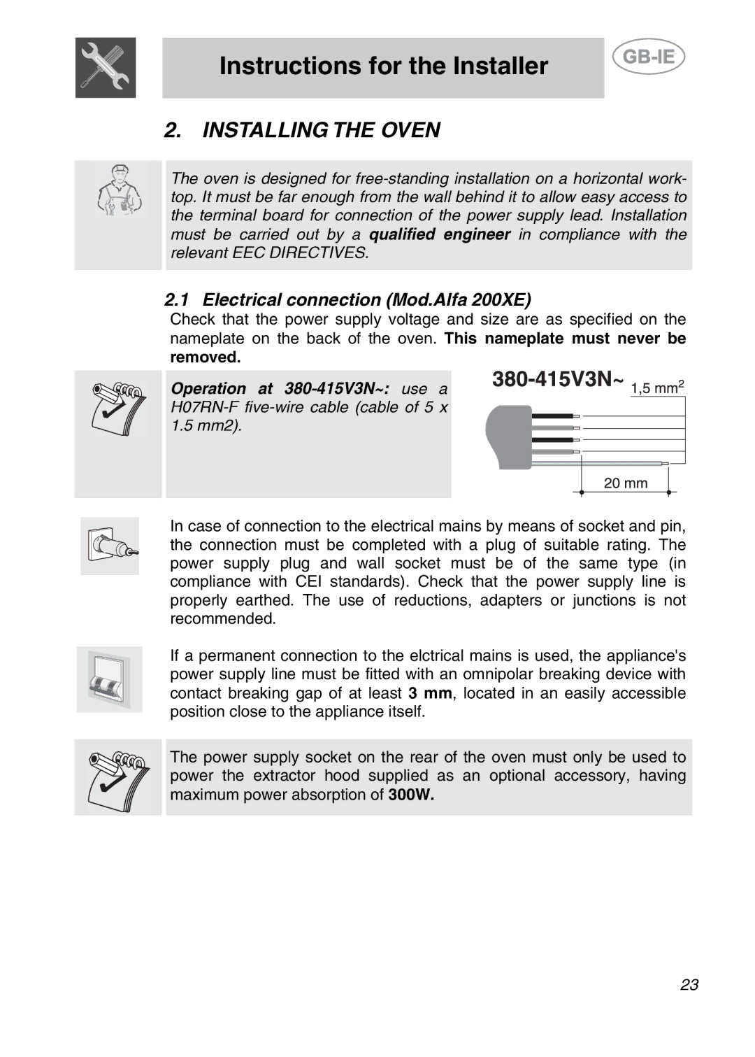 Smeg ALFA201XE manual Instructions for the Installer, Installing the Oven, Electrical connection Mod.Alfa 200XE 