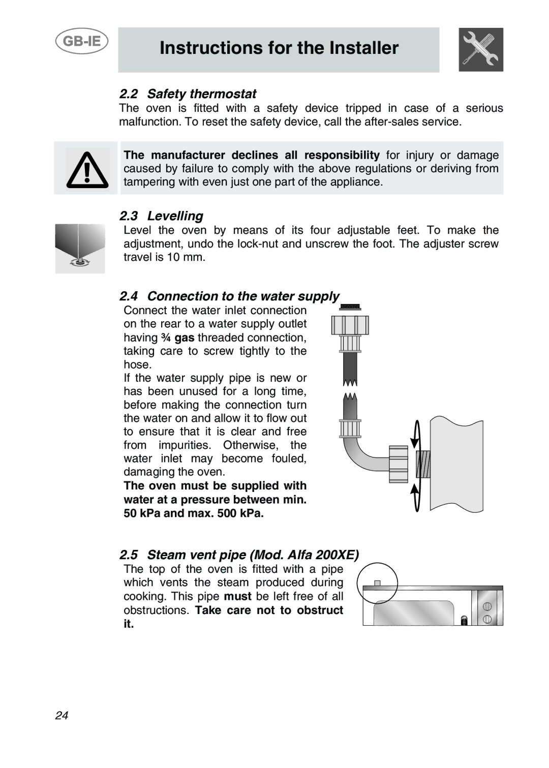 Smeg ALFA201XE manual Safety thermostat, Levelling, Connection to the water supply, Steam vent pipe Mod. Alfa 200XE 