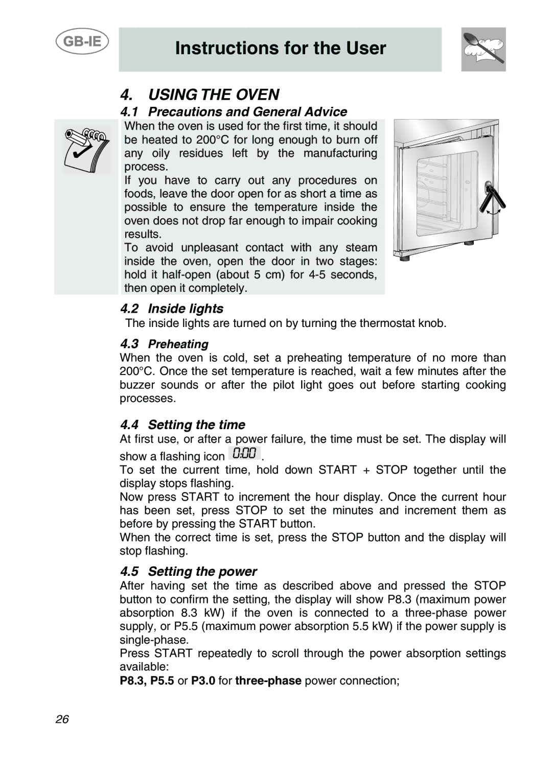 Smeg ALFA201XE manual Using the Oven, Precautions and General Advice, Inside lights, Setting the time, Setting the power 