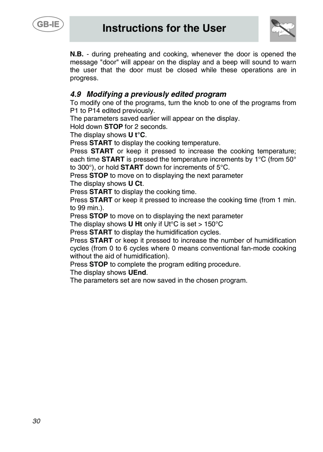 Smeg ALFA201XE manual Modifying a previously edited program, Instructions for the User 