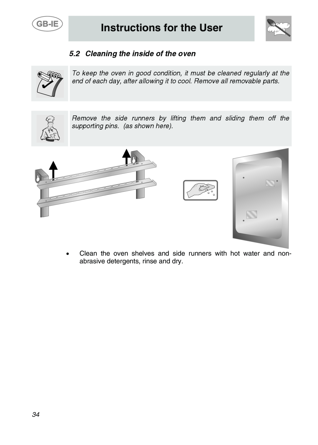Smeg ALFA201XE manual Cleaning the inside of the oven, Instructions for the User, abrasive detergents, rinse and dry 