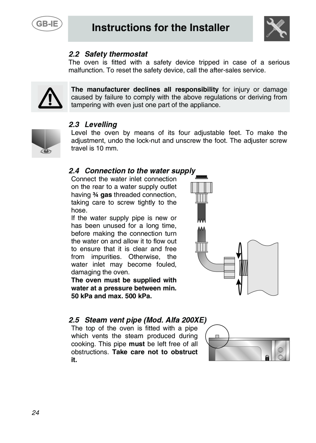 Smeg ALFA201XE manual Safety thermostat, Levelling, Connection to the water supply, Steam vent pipe Mod. Alfa 200XE 