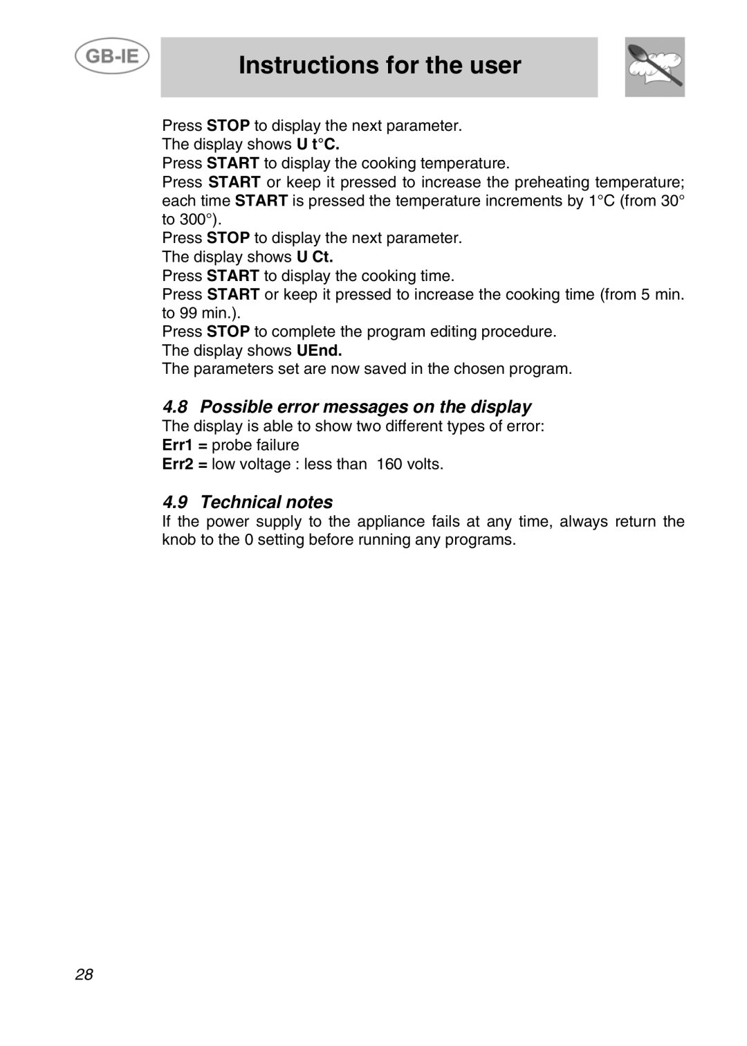 Smeg ALFA31XE manual Possible error messages on the display, Technical notes 