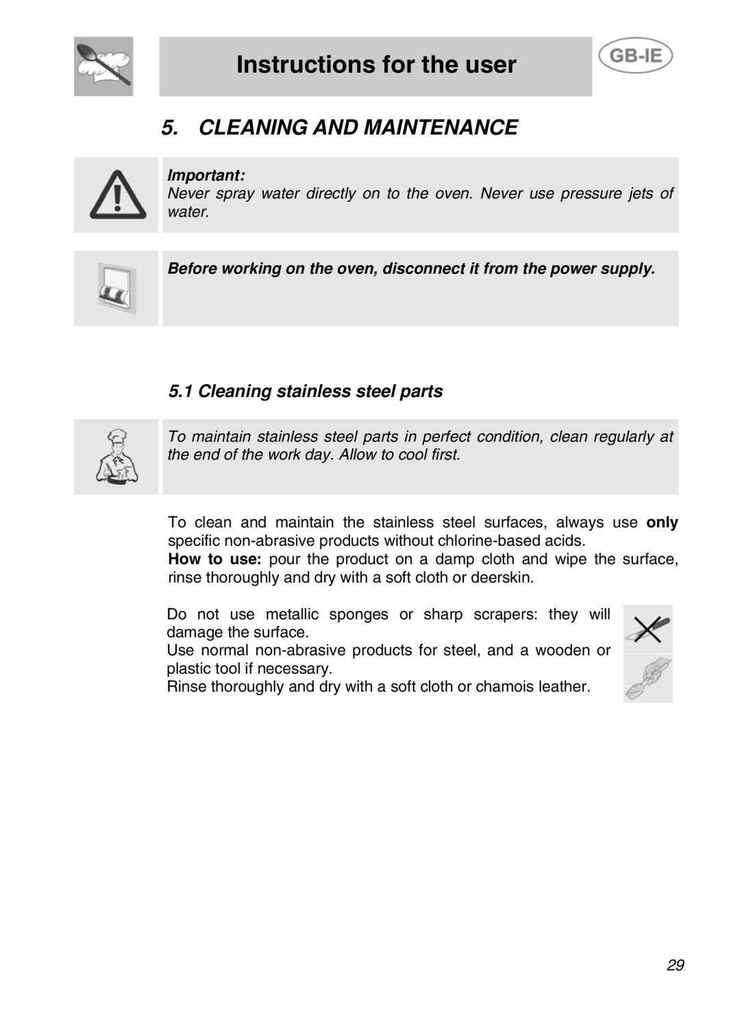 Smeg ALFA31XE manual Cleaning and Maintenance, Cleaning stainless steel parts 