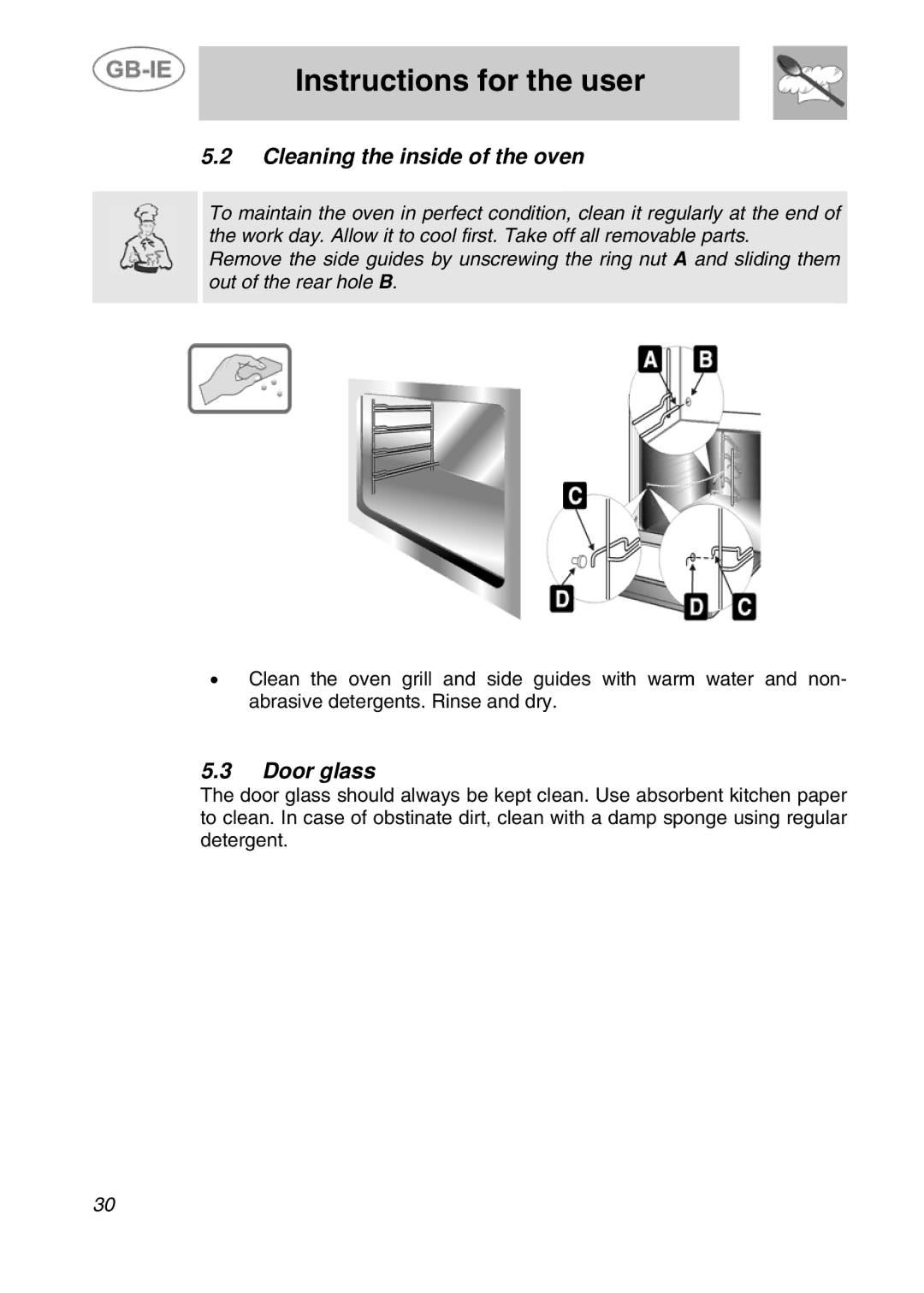 Smeg ALFA31XE manual Cleaning the inside of the oven, Door glass 