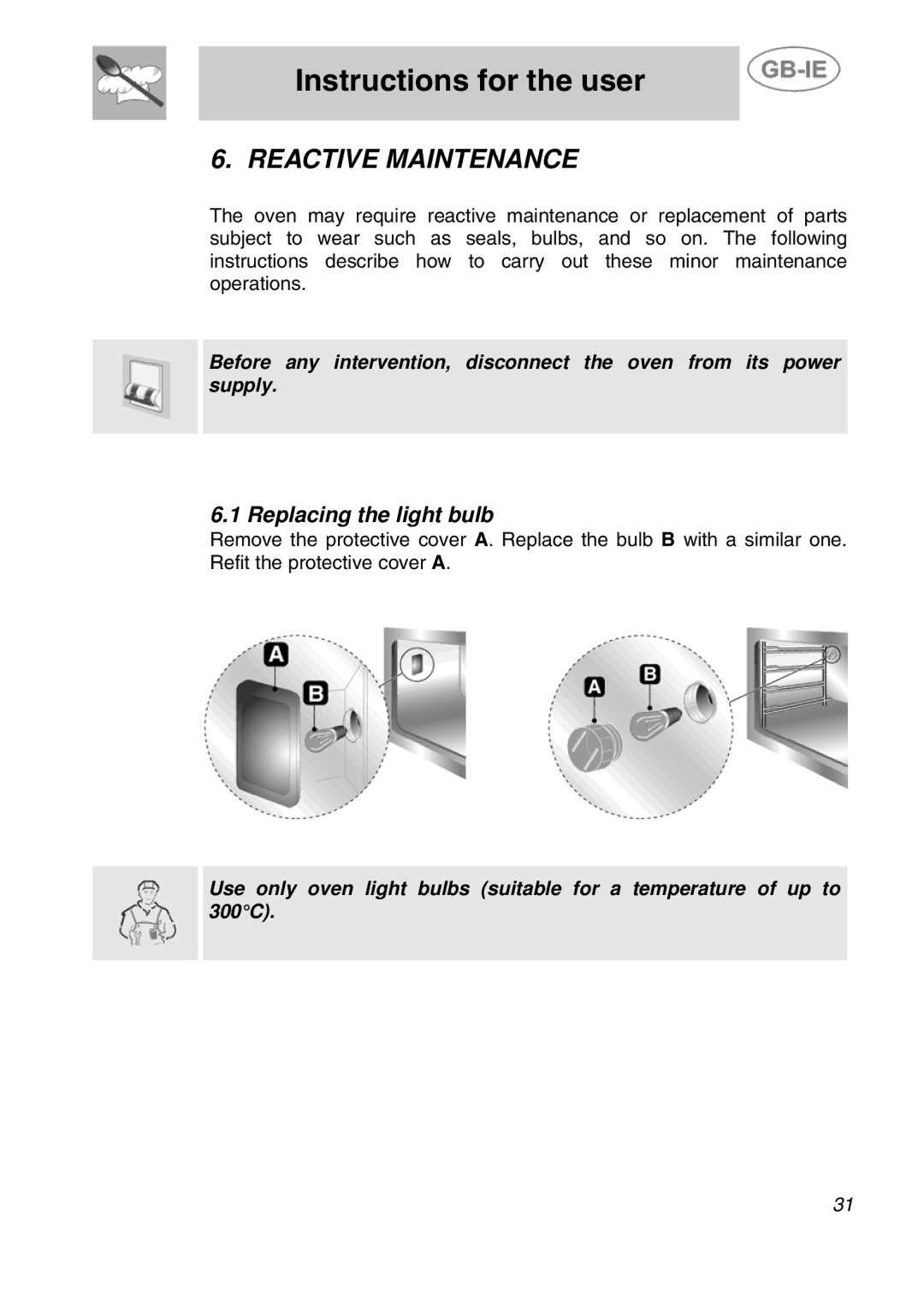 Smeg ALFA31XE manual Reactive Maintenance, Replacing the light bulb 