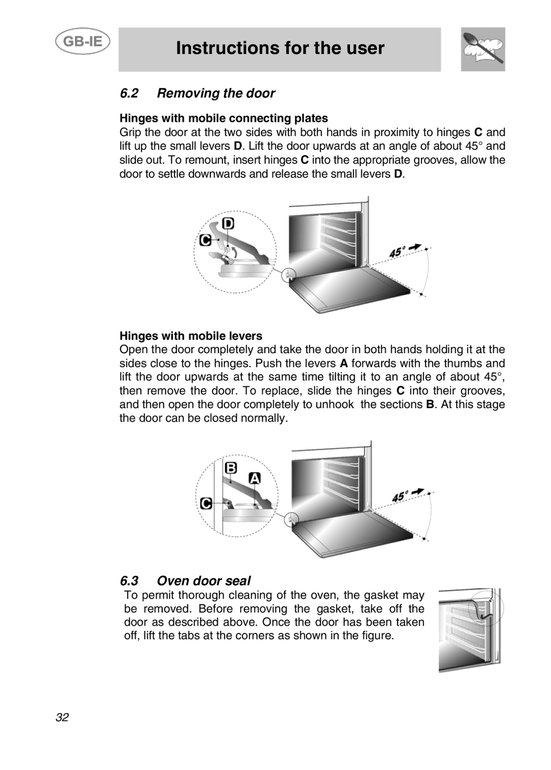 Smeg ALFA31XE manual Removing the door, Oven door seal, Hinges with mobile connecting plates, Hinges with mobile levers 