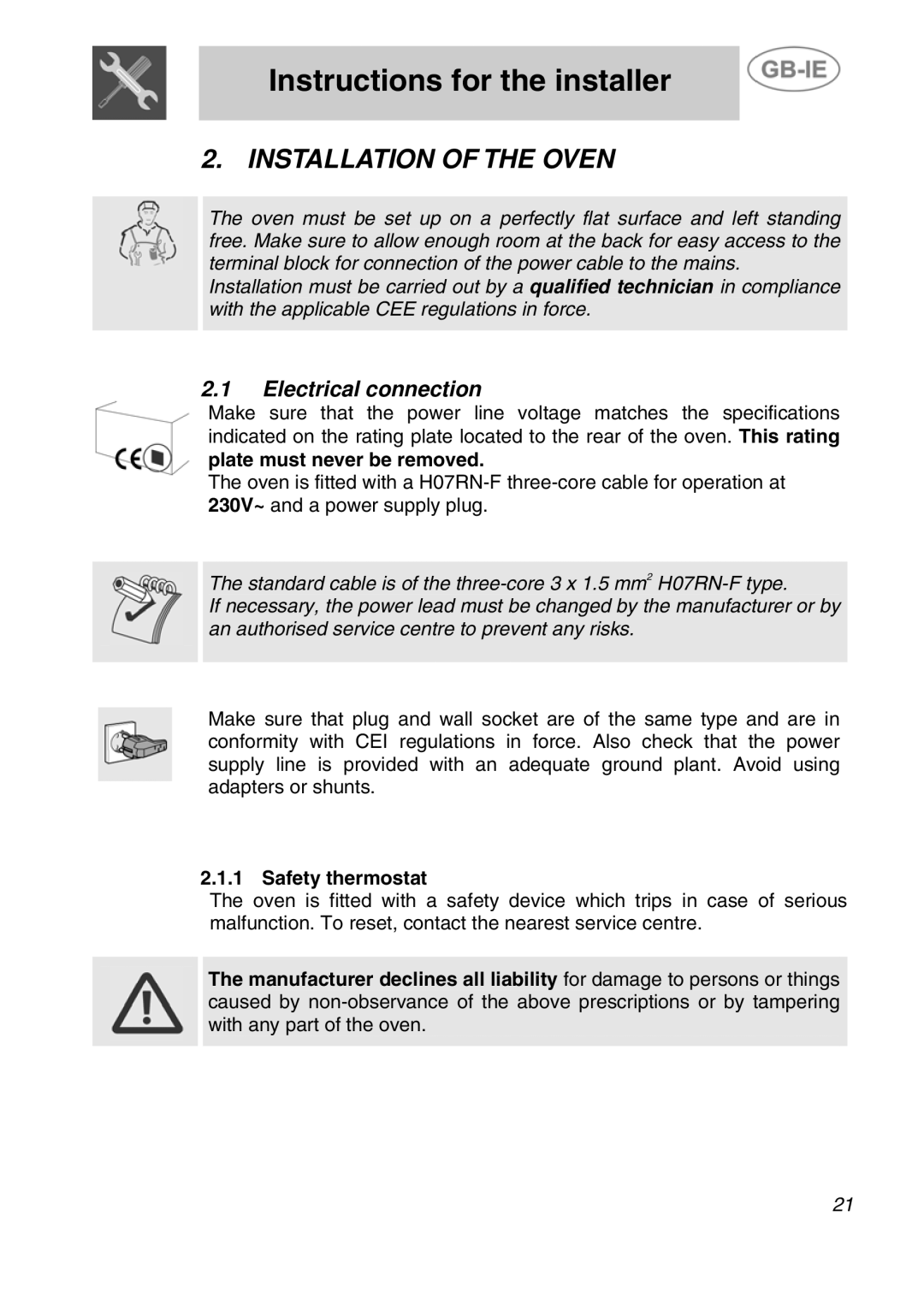 Smeg ALFA31XE manual Instructions for the installer, Installation of the Oven, Electrical connection, Safety thermostat 