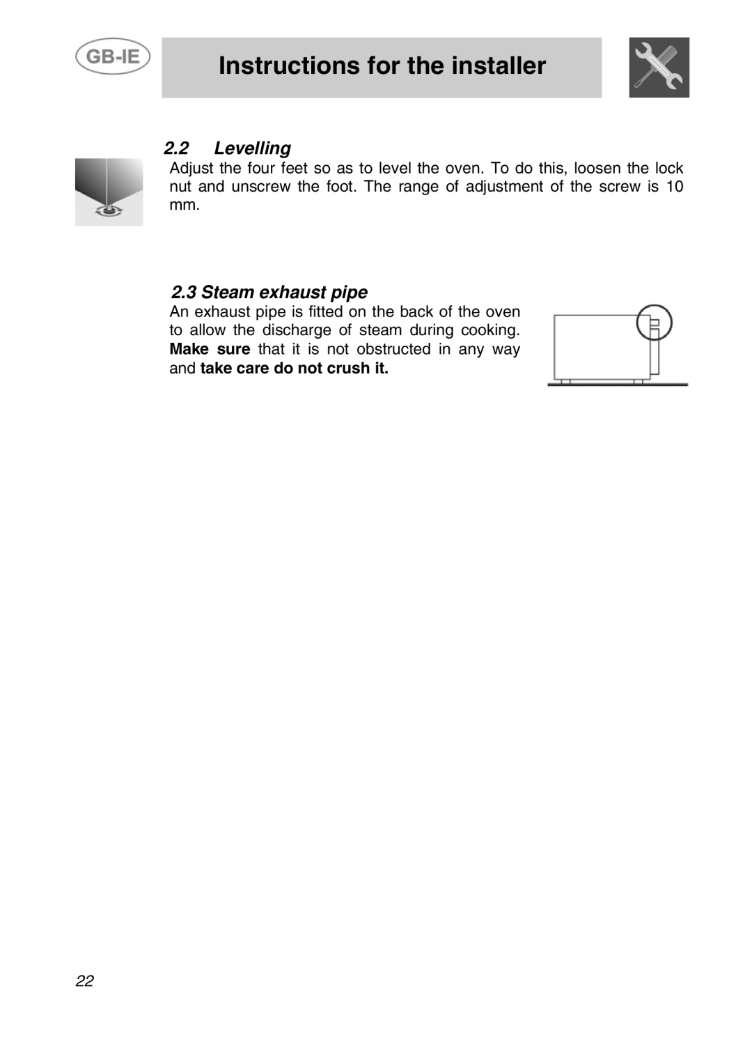 Smeg ALFA31XE manual Levelling, Steam exhaust pipe 