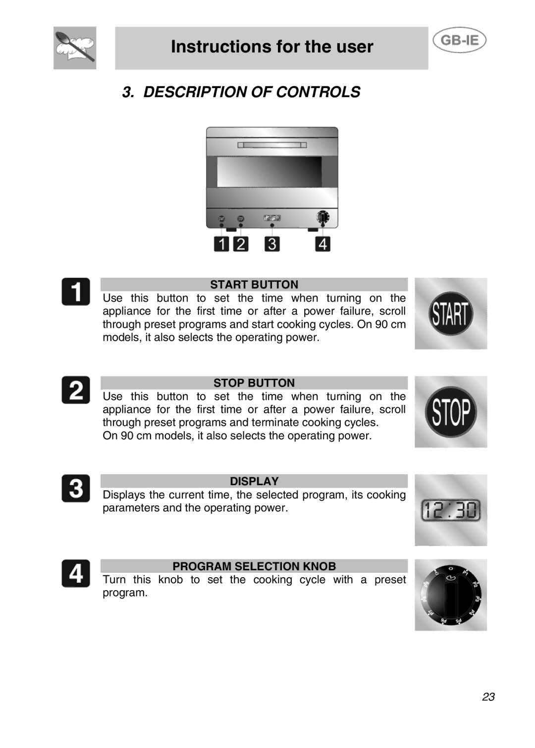 Smeg ALFA31XE manual Instructions for the user, Description of Controls 