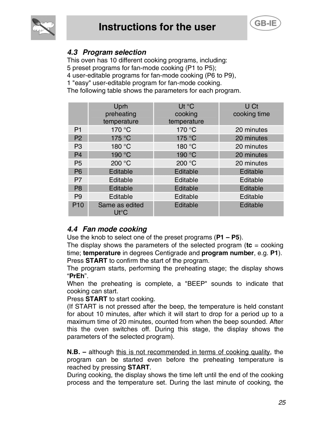 Smeg ALFA31XE manual Program selection, Fan mode cooking 