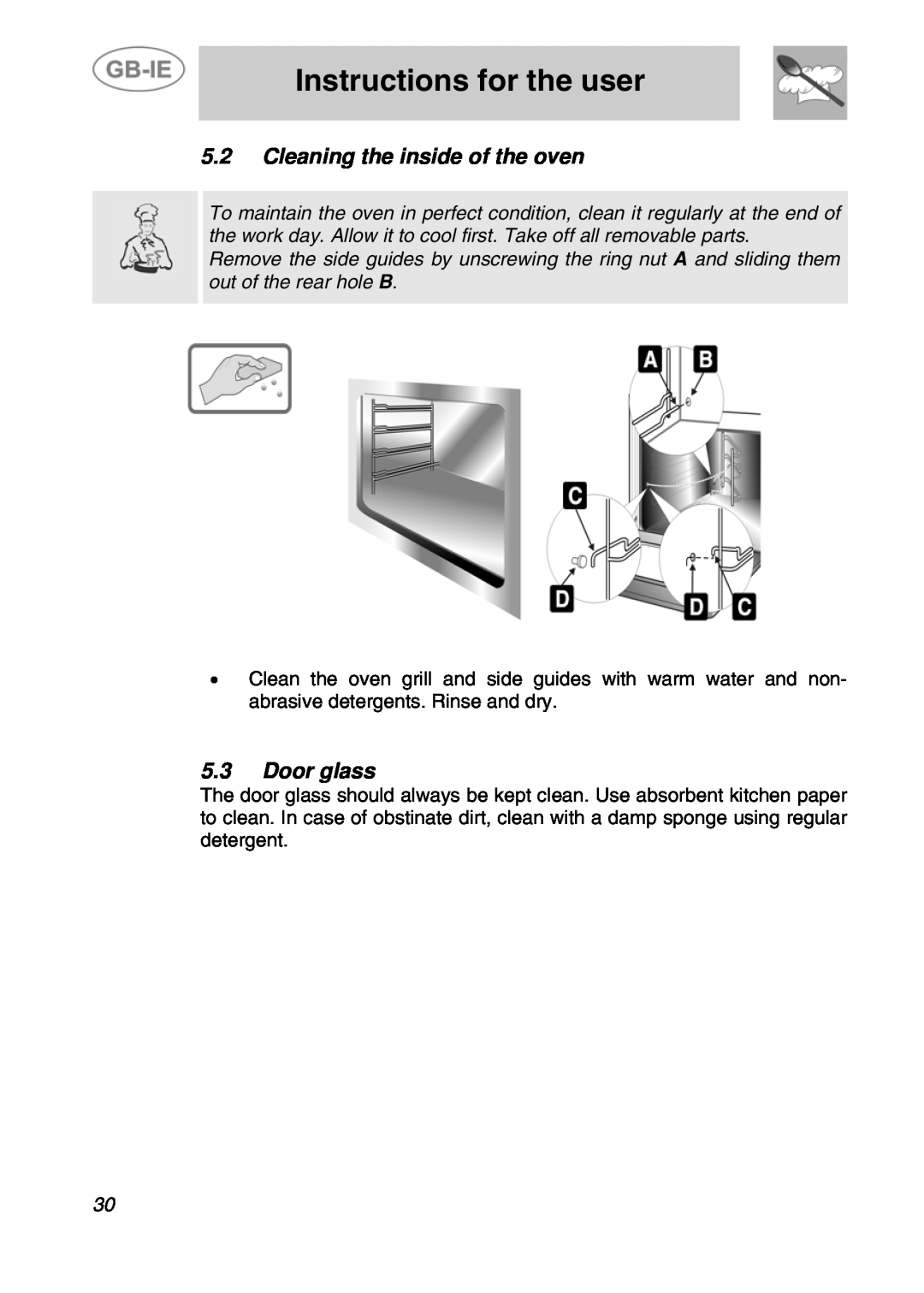 Smeg ALFA31XE manual Cleaning the inside of the oven, Door glass, Instructions for the user 