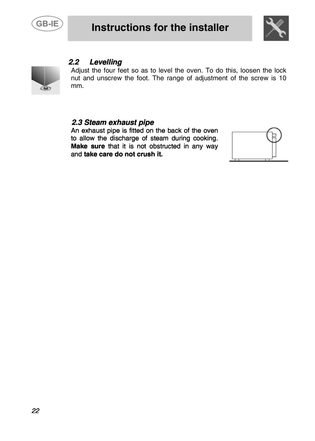 Smeg ALFA31XE manual Levelling, Steam exhaust pipe, Instructions for the installer 