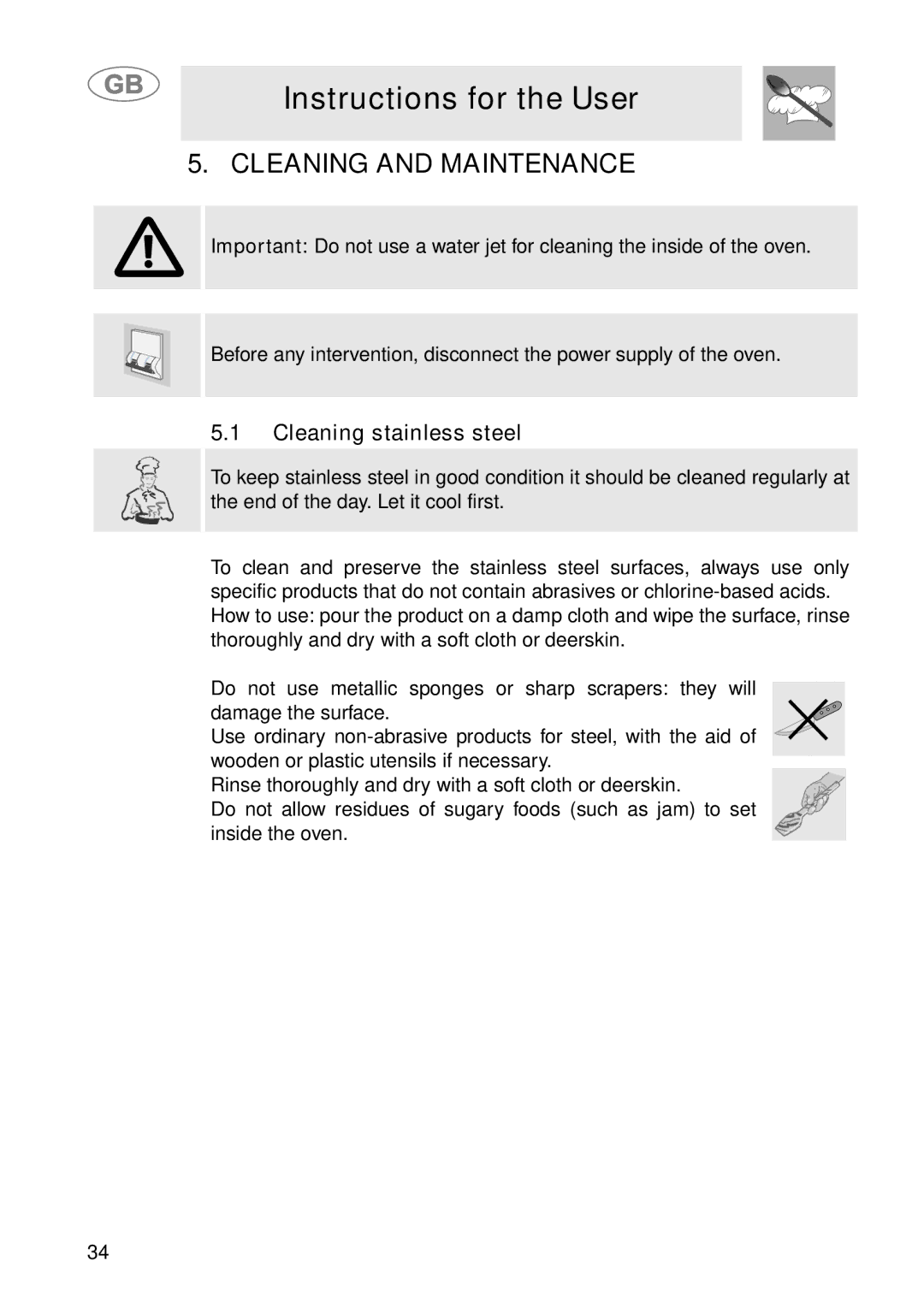 Smeg ALFA341XM manual Cleaning and Maintenance, Cleaning stainless steel 