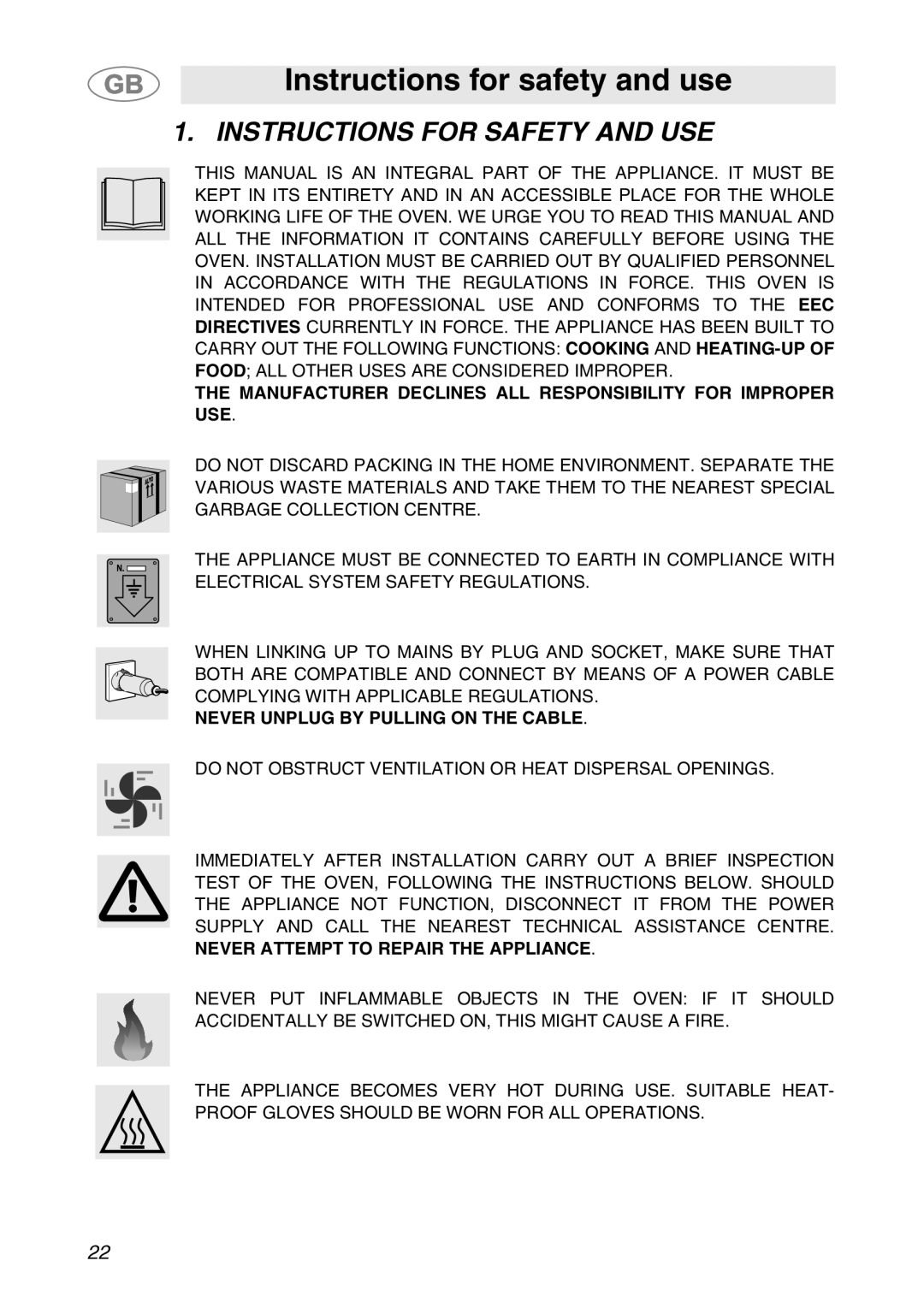 Smeg ALFA341XM manual Instructions for safety and use, Instructions for Safety and USE 