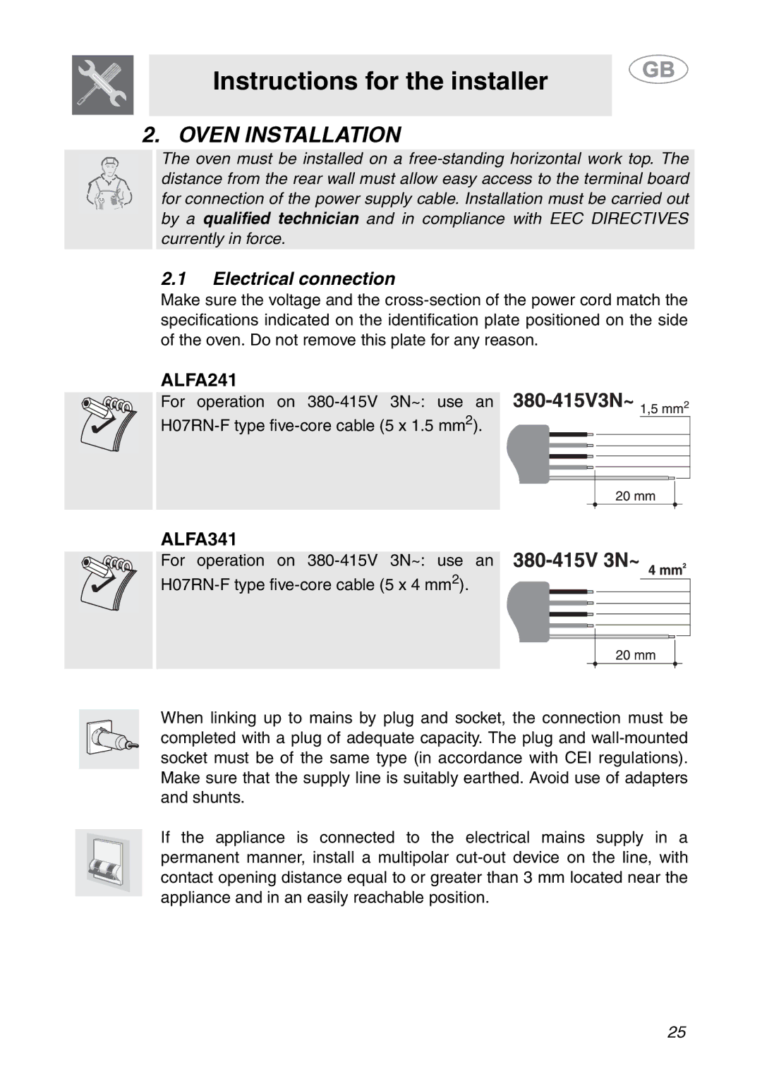 Smeg ALFA341XM manual Instructions for the installer, Oven Installation, Electrical connection 