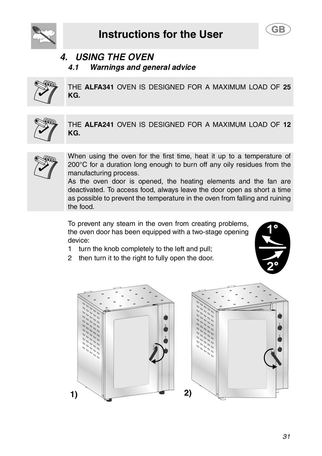 Smeg ALFA341XM manual Using The Oven, Warnings and general advice, Instructions for the User 