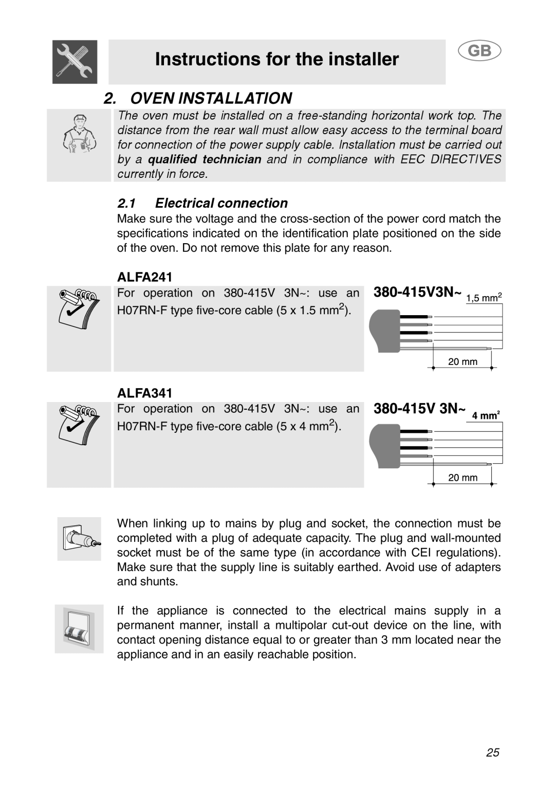 Smeg ALFA341XM manual Instructions for the installer, Oven Installation, Electrical connection, ALFA241 