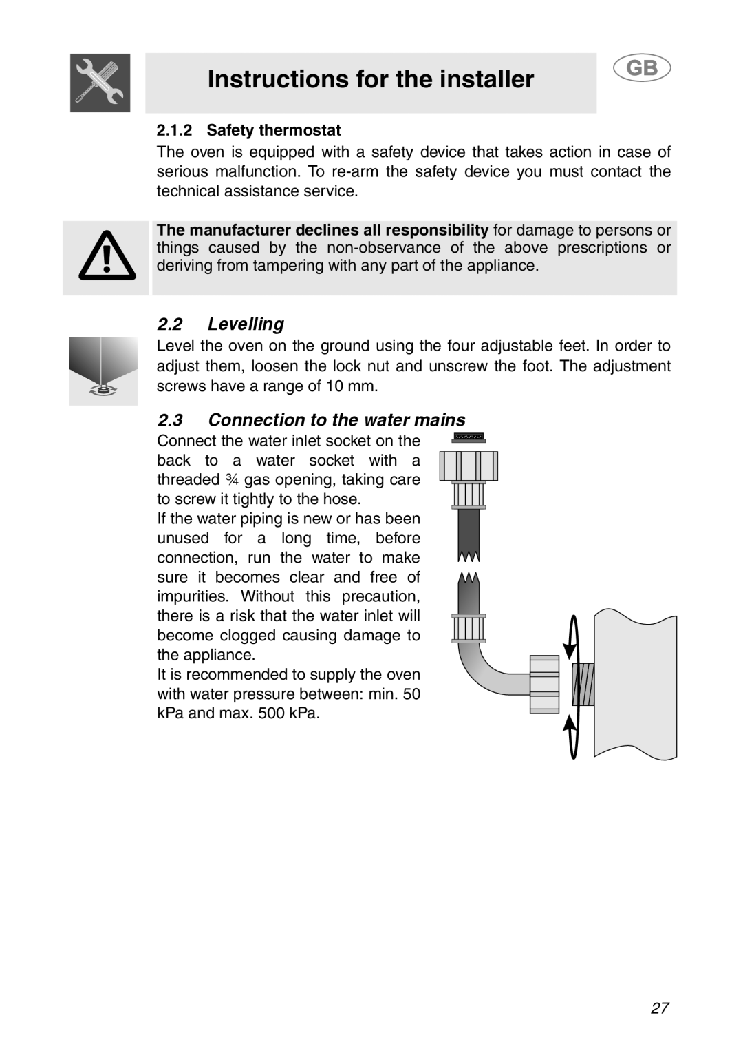 Smeg ALFA341XM manual Levelling, Connection to the water mains, Safety thermostat, Instructions for the installer 