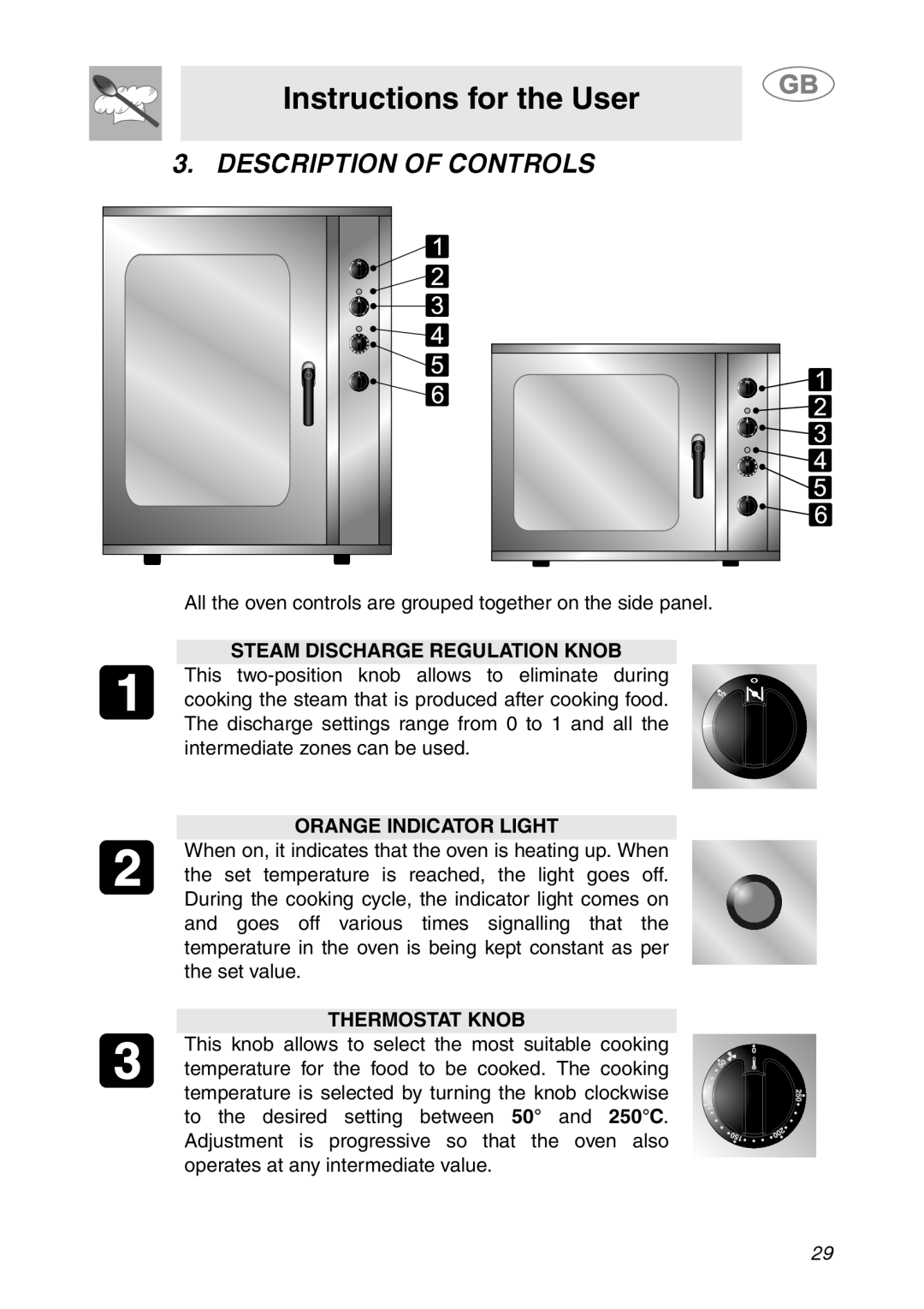 Smeg ALFA341XM Instructions for the User, Description Of Controls, Steam Discharge Regulation Knob, Orange Indicator Light 