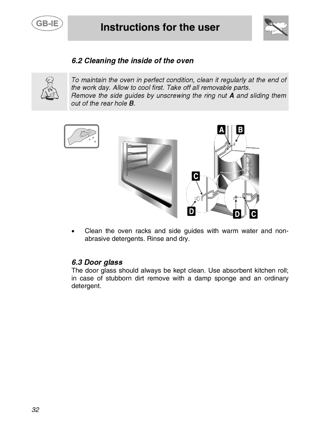 Smeg ALFA41B, ALFA41DA, ALFA41AM, ALFA31DA manual Cleaning the inside of the oven, Door glass 