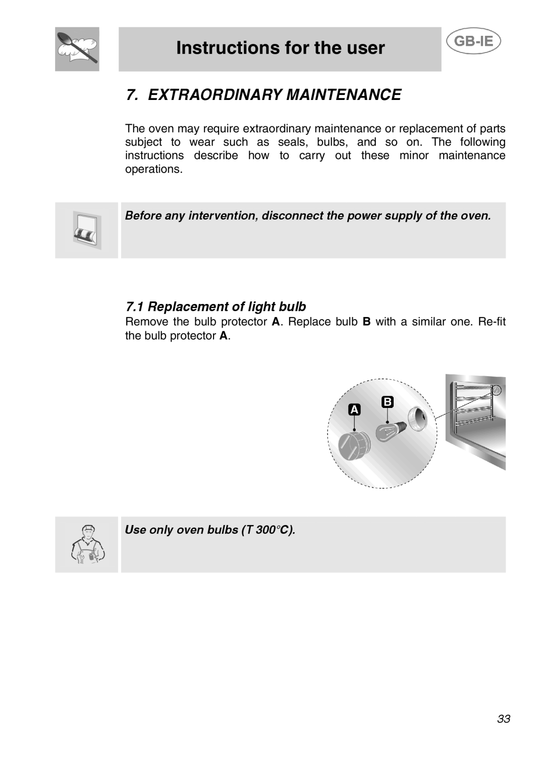 Smeg ALFA41AM, ALFA41DA, ALFA41B, ALFA31DA manual Extraordinary Maintenance, Replacement of light bulb 