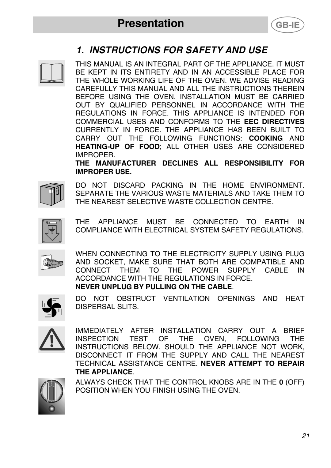 Smeg ALFA41AM Presentation, Instructions for Safety and USE, Manufacturer Declines ALL Responsibility for Improper USE 