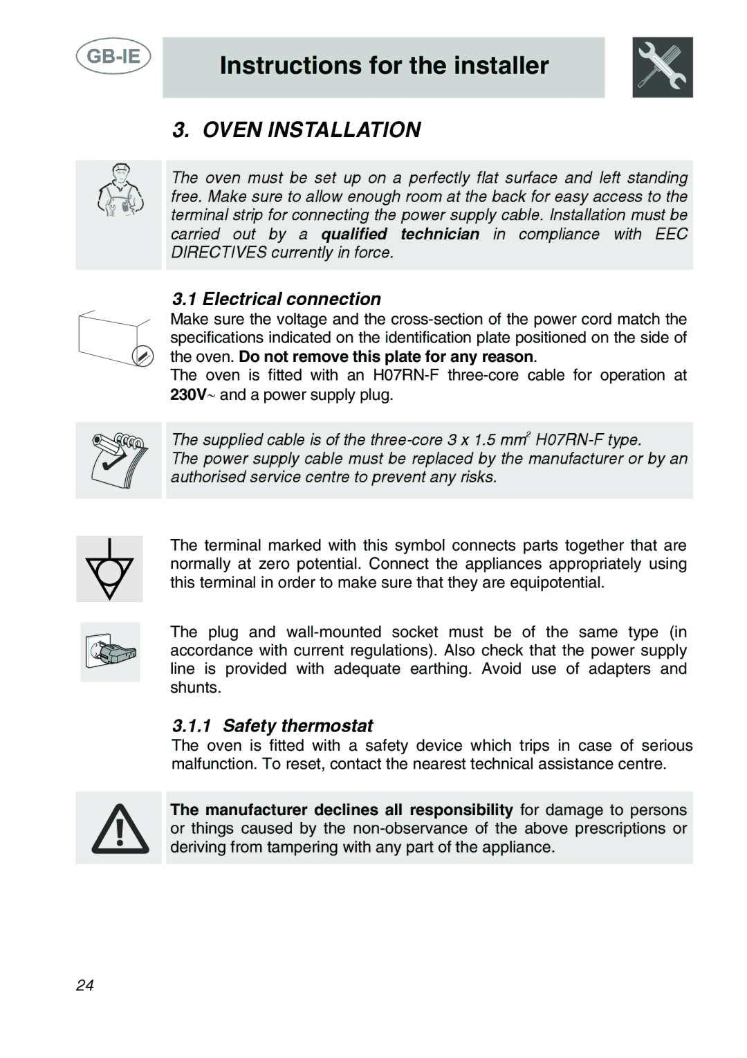 Smeg ALFA41A, ALFA41DA, ALFA41B Instructions for the installer, Oven Installation, Electrical connection, Safety thermostat 