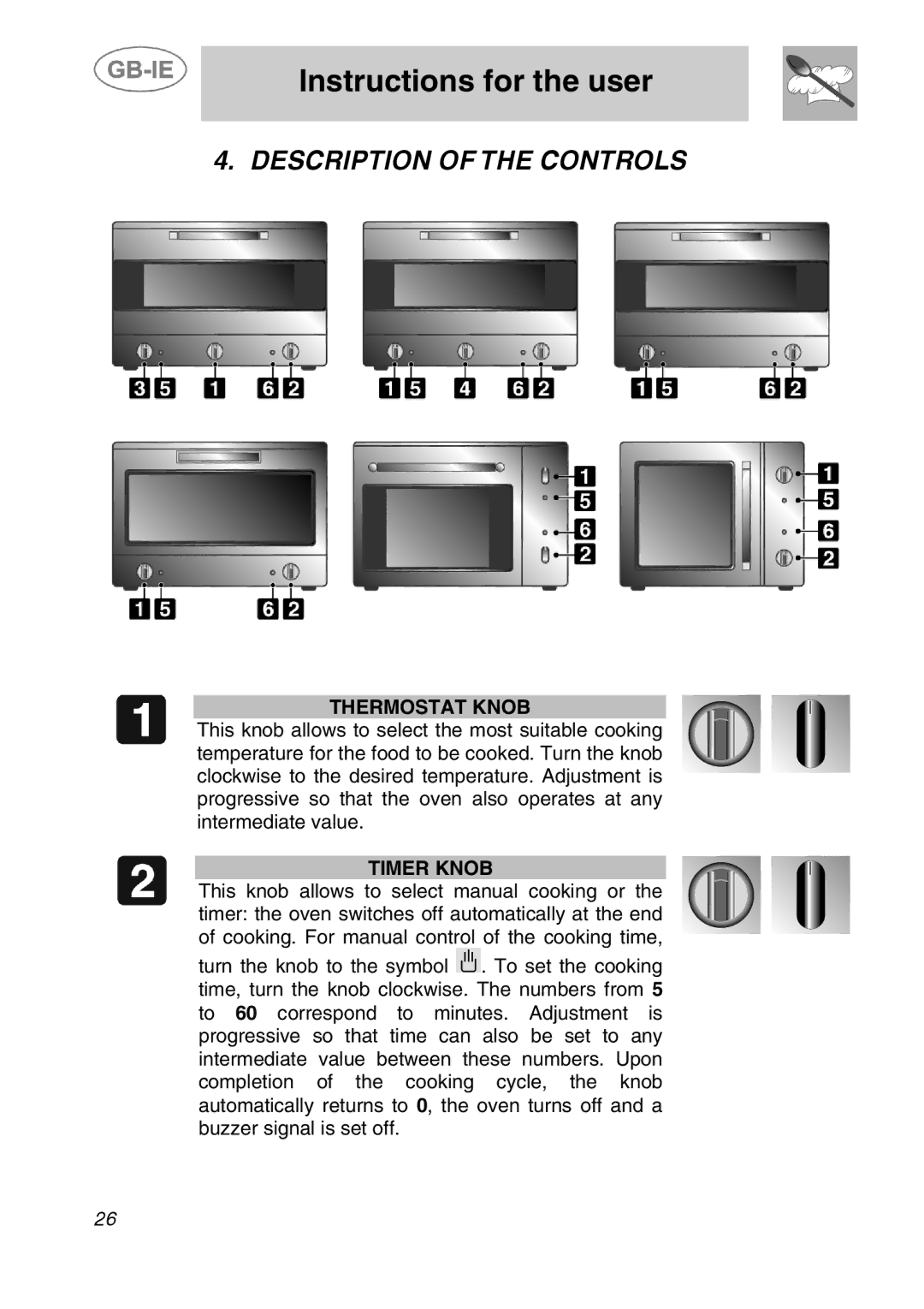 Smeg ALFA41B, ALFA41DA, ALFA41AM manual Instructions for the user, Description of the Controls, Thermostat Knob, Timer Knob 