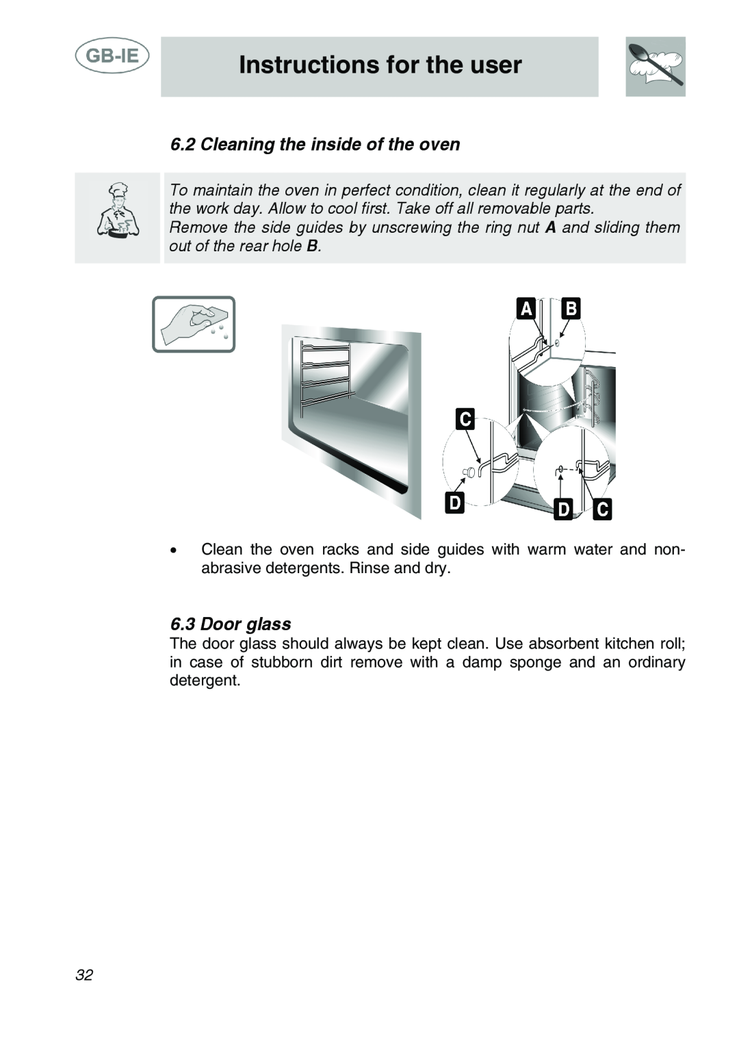 Smeg ALFA41B, ALFA41DA, ALFA41AM, ALFA31DA manual Cleaning the inside of the oven, Door glass, Instructions for the user 