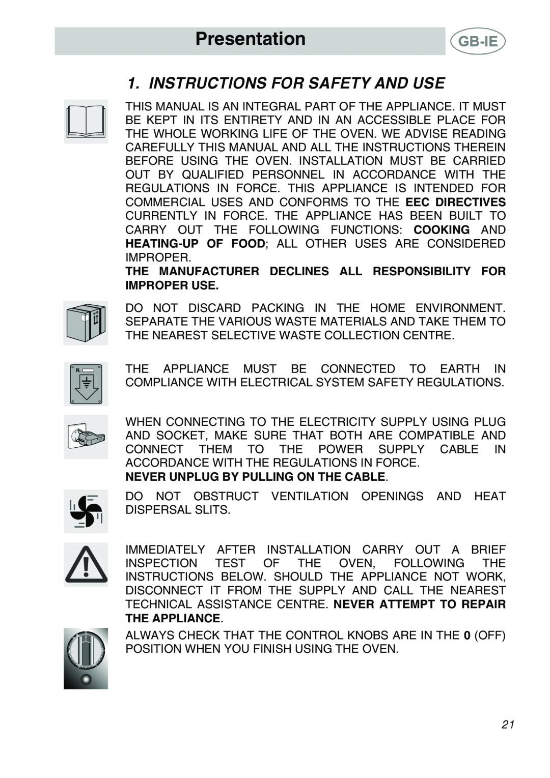 Smeg ALFA41AM, ALFA41DA Presentation, Instructions For Safety And Use, Never Unplug By Pulling On The Cable, The Appliance 