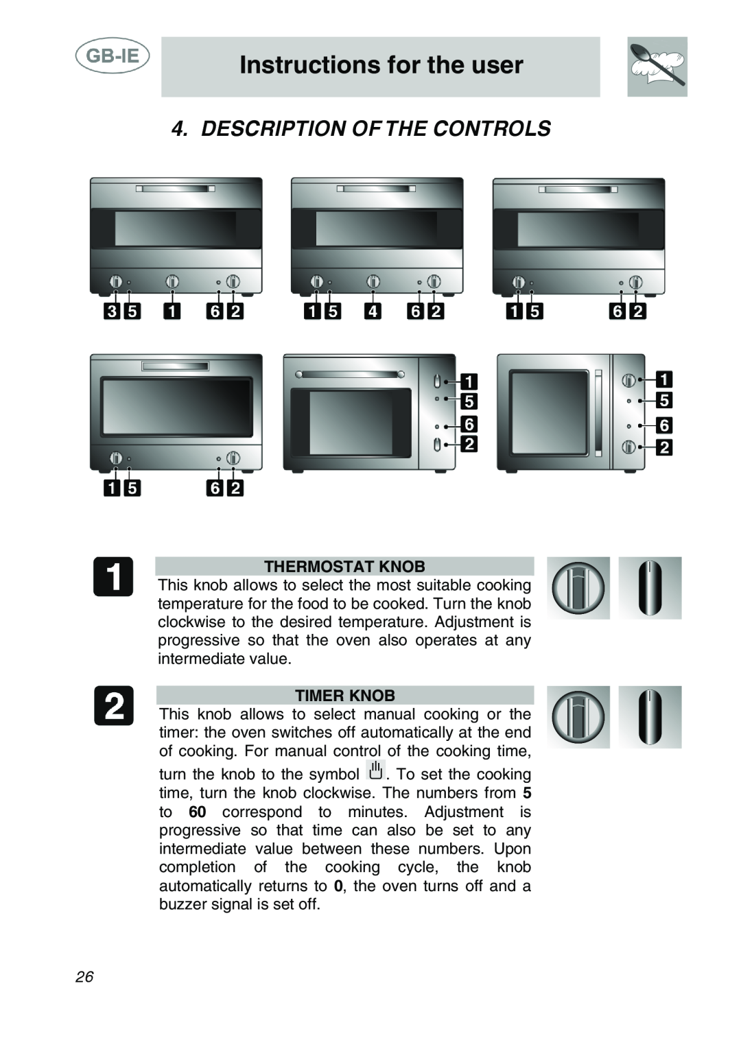 Smeg ALFA41B, ALFA41DA, ALFA41AM manual Instructions for the user, Description Of The Controls, Thermostat Knob, Timer Knob 