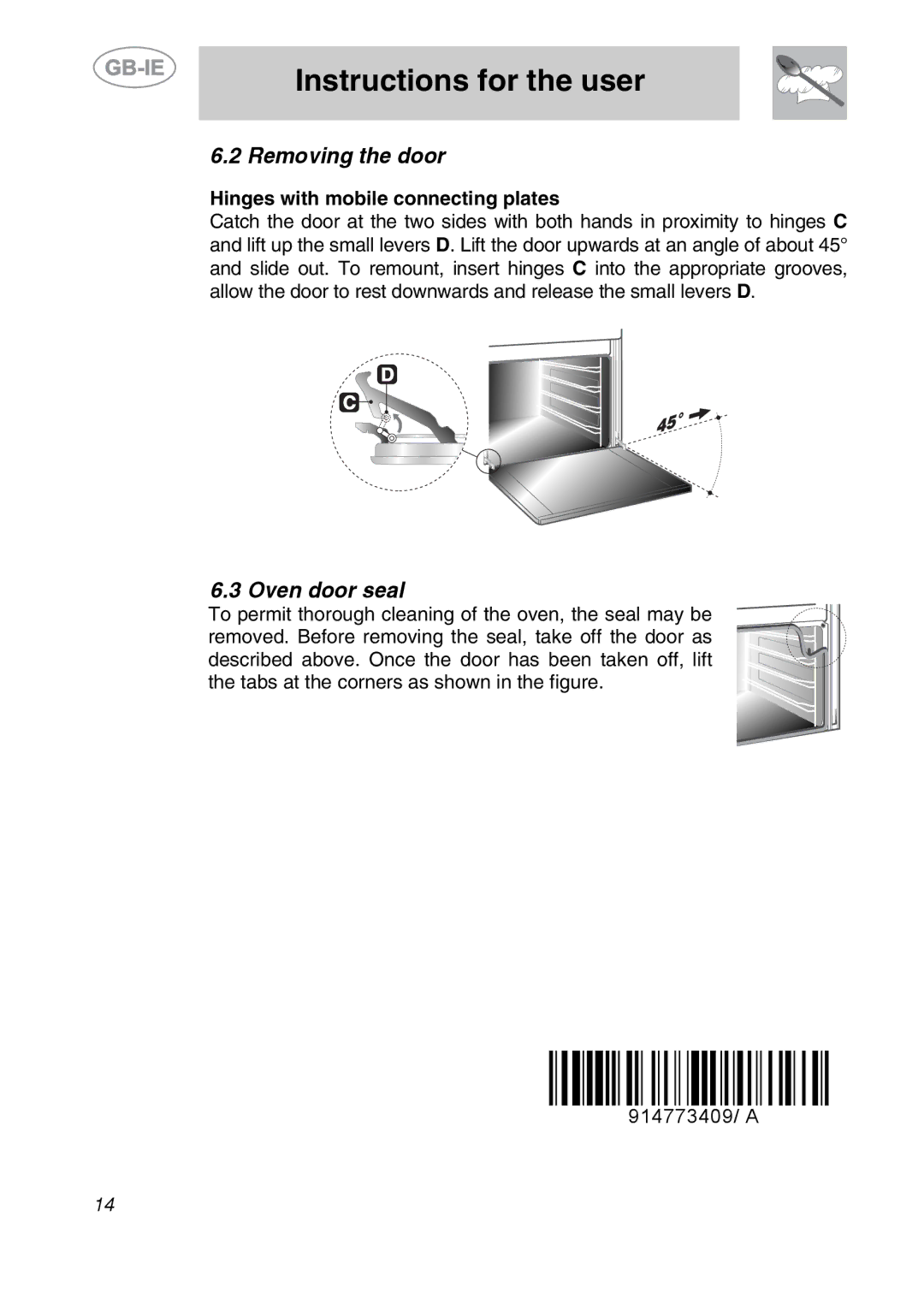 Smeg ALFA41UK manual Removing the door, Oven door seal 