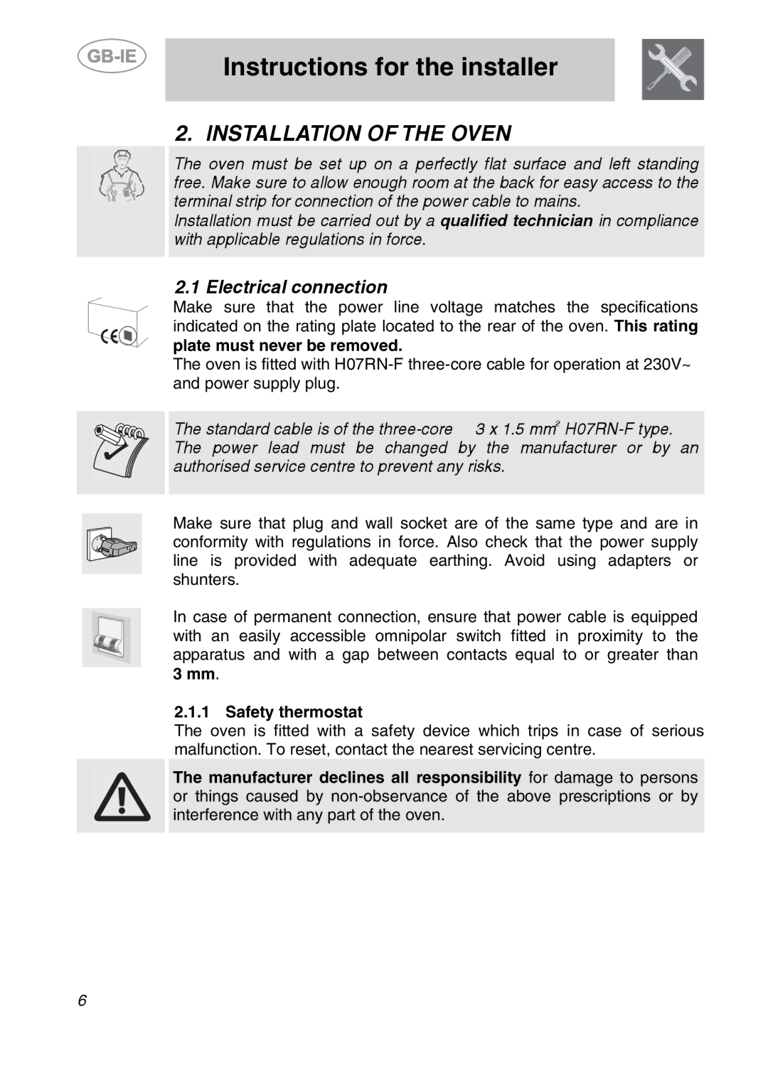 Smeg ALFA41UK manual Instructions for the installer, Installation of the Oven, Electrical connection 