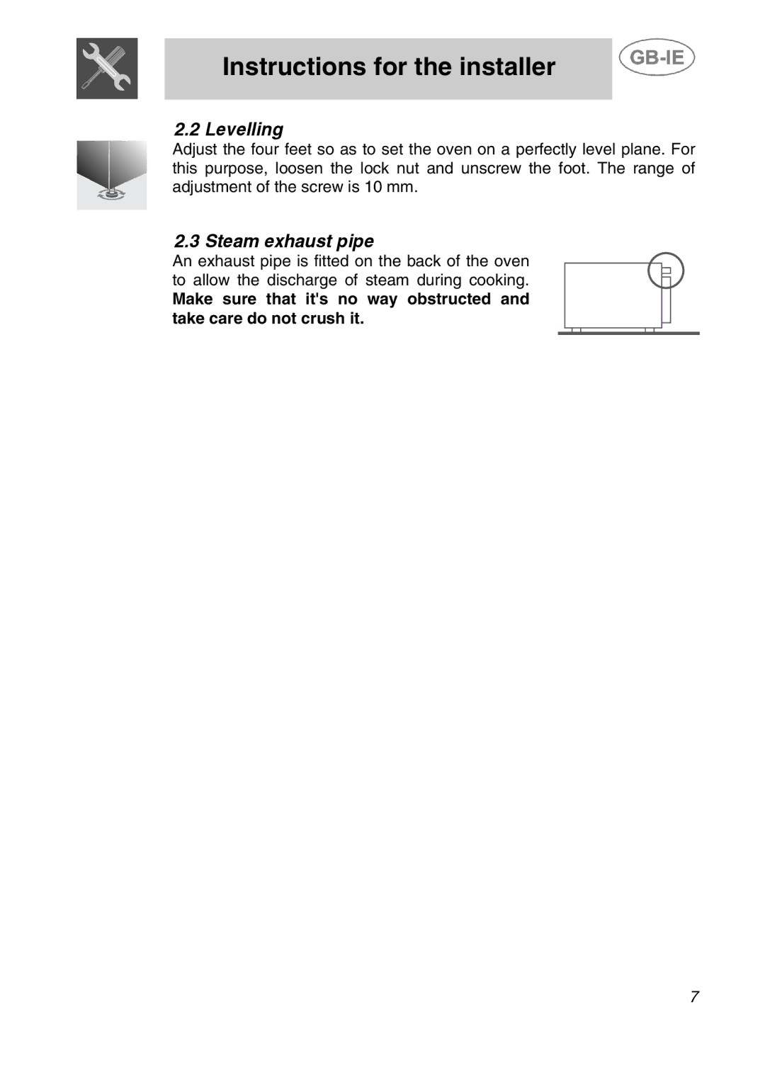 Smeg ALFA41UK manual Levelling, Steam exhaust pipe 