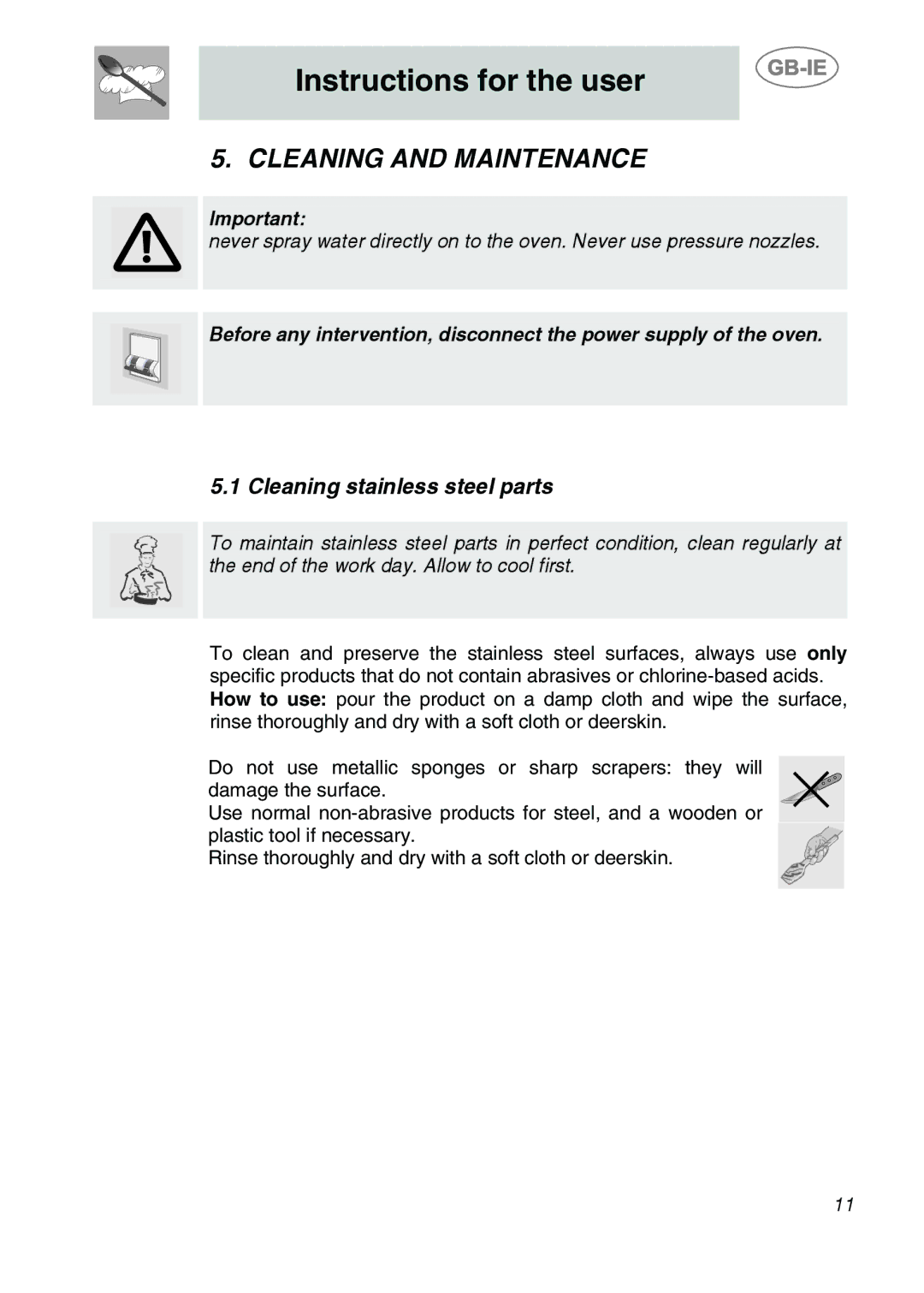 Smeg ALFA41UK manual Cleaning and Maintenance, Cleaning stainless steel parts 