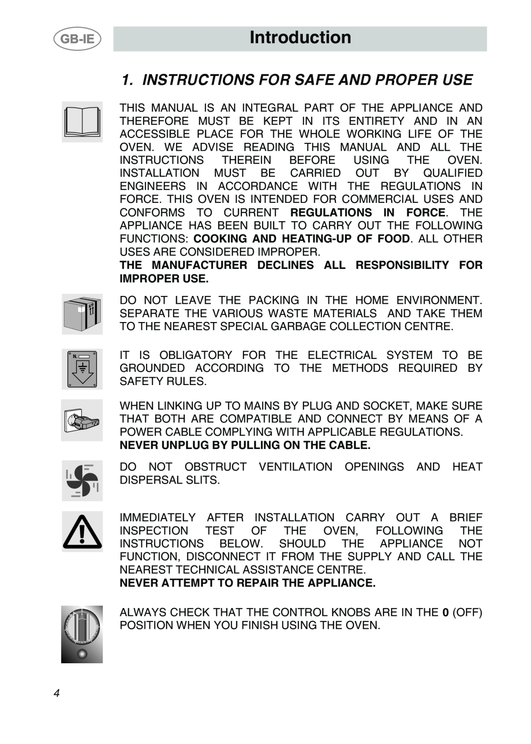 Smeg ALFA41UK manual Introduction, Instructions For Safe And Proper Use, Never Unplug By Pulling On The Cable 