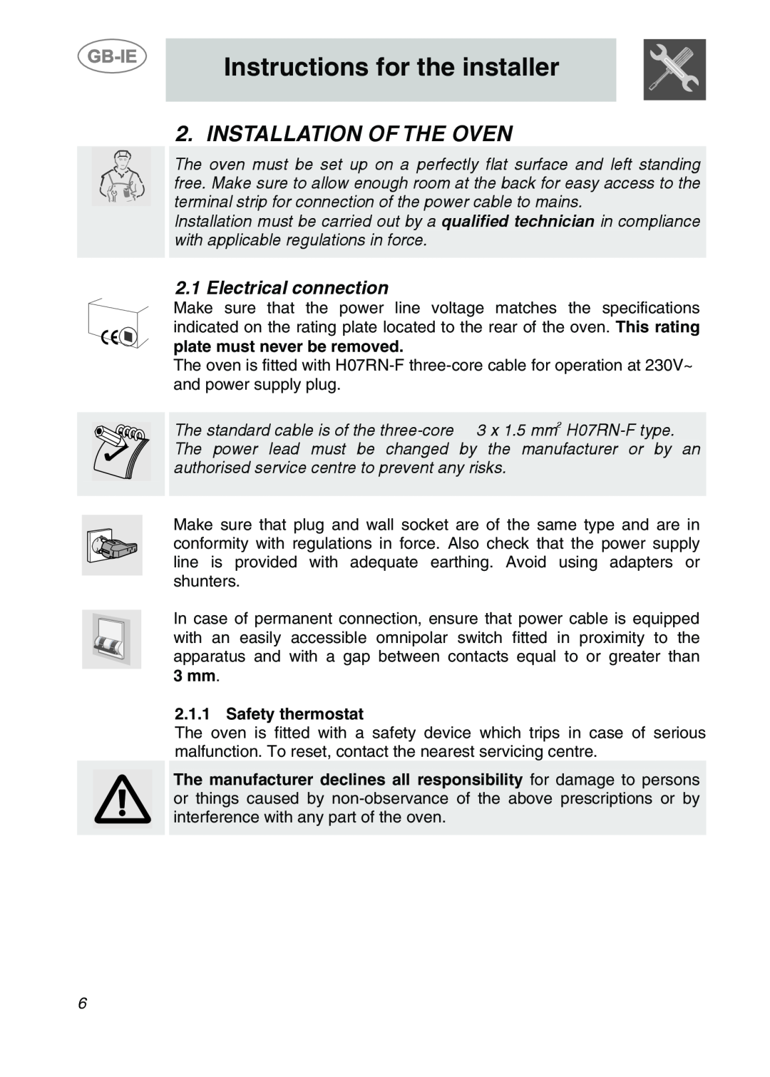 Smeg ALFA41UK manual Instructions for the installer, Installation Of The Oven, Electrical connection 