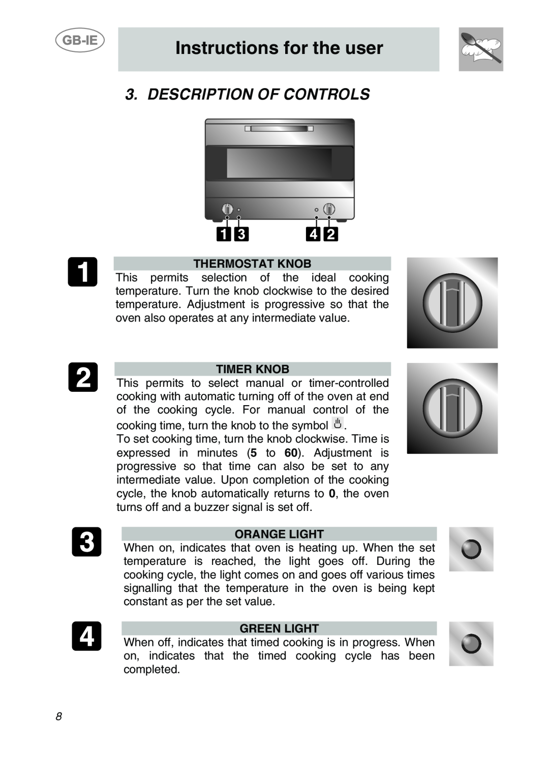 Smeg ALFA41UK Instructions for the user, Description Of Controls, Thermostat Knob, Timer Knob, Orange Light, Green Light 