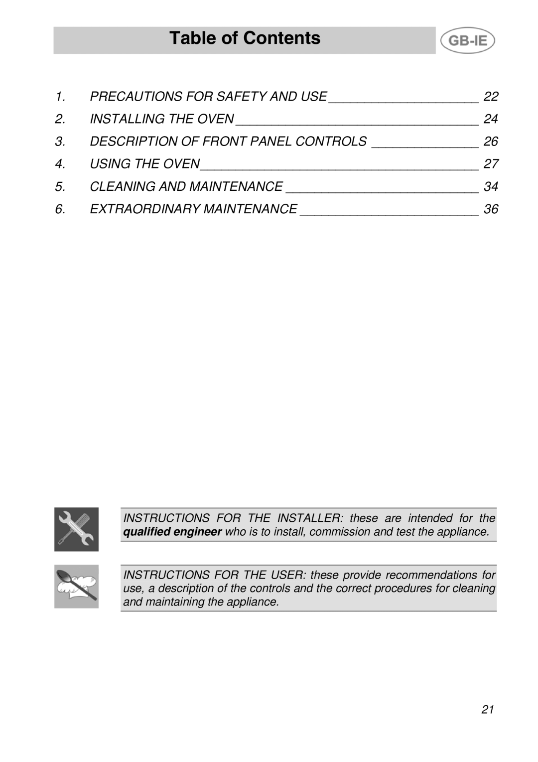 Smeg ALFA41VEK manual Table of Contents 