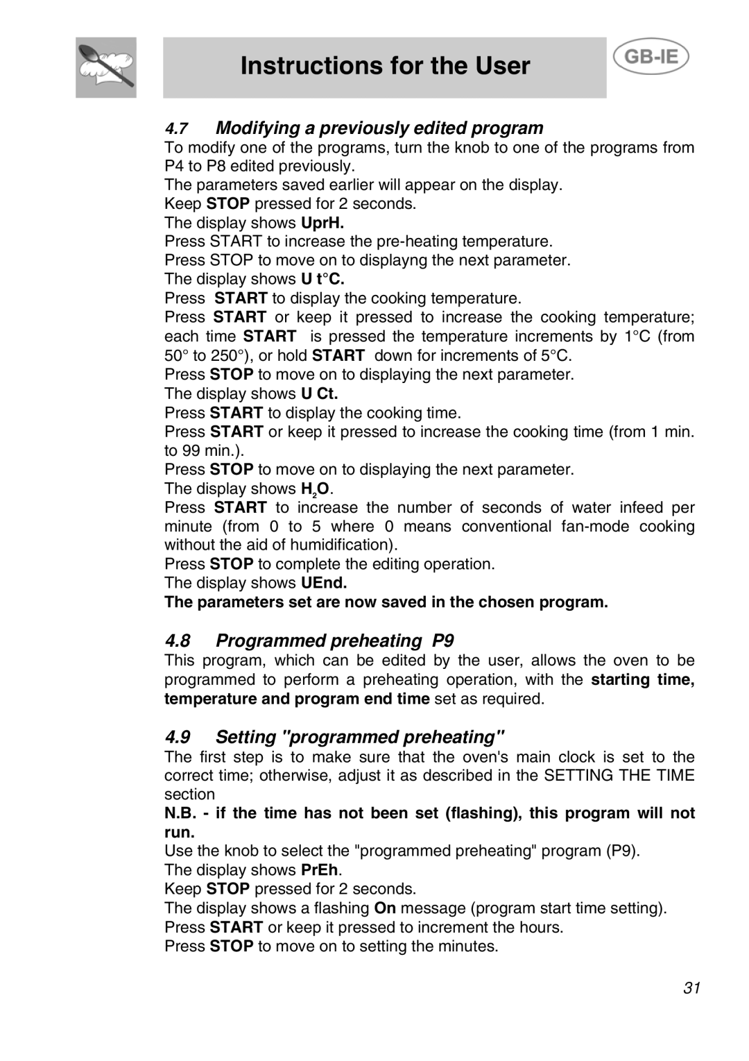 Smeg ALFA41VEK manual Modifying a previously edited program, Programmed preheating P9, Setting programmed preheating 