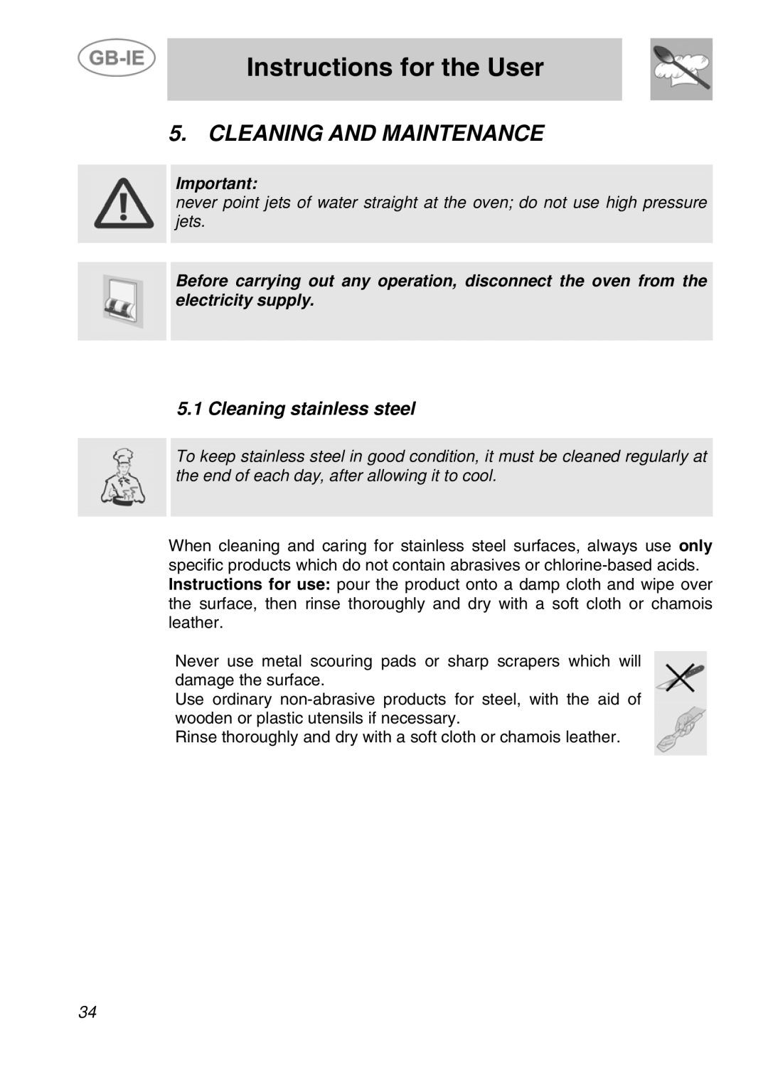 Smeg ALFA41VEK manual Cleaning and Maintenance, Cleaning stainless steel 