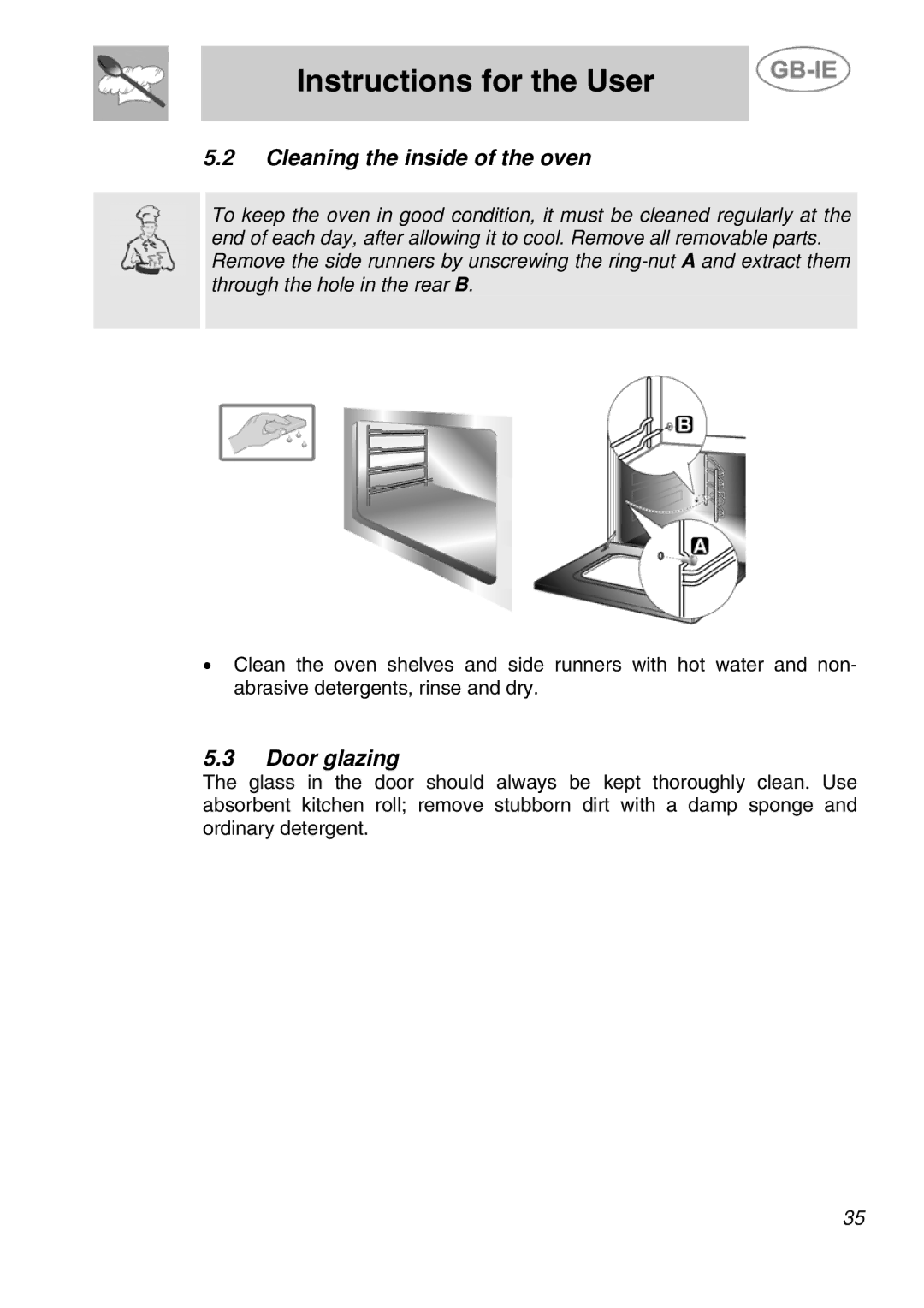 Smeg ALFA41VEK manual Cleaning the inside of the oven, Door glazing 