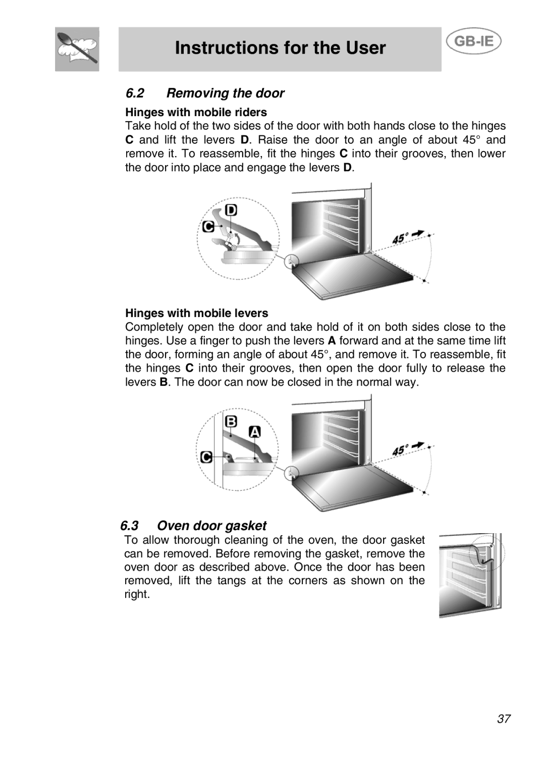 Smeg ALFA41VEK manual Removing the door, Oven door gasket 