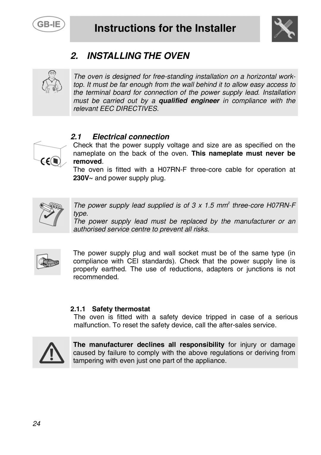 Smeg ALFA41VEK manual Instructions for the Installer, Installing the Oven, Electrical connection 