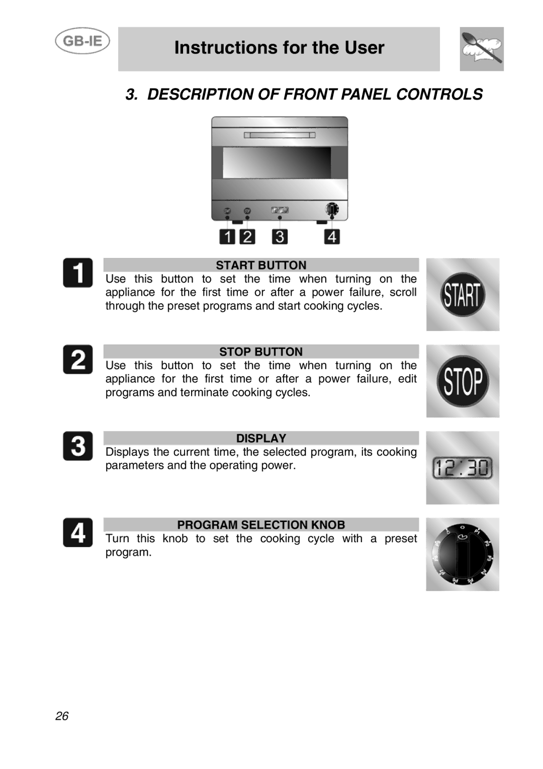 Smeg ALFA41VEK manual Instructions for the User, Description of Front Panel Controls 