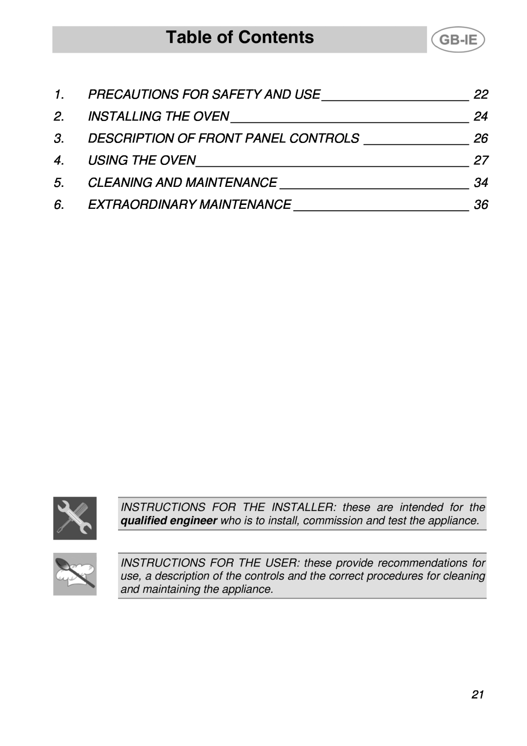 Smeg ALFA41VEK manual Table of Contents 