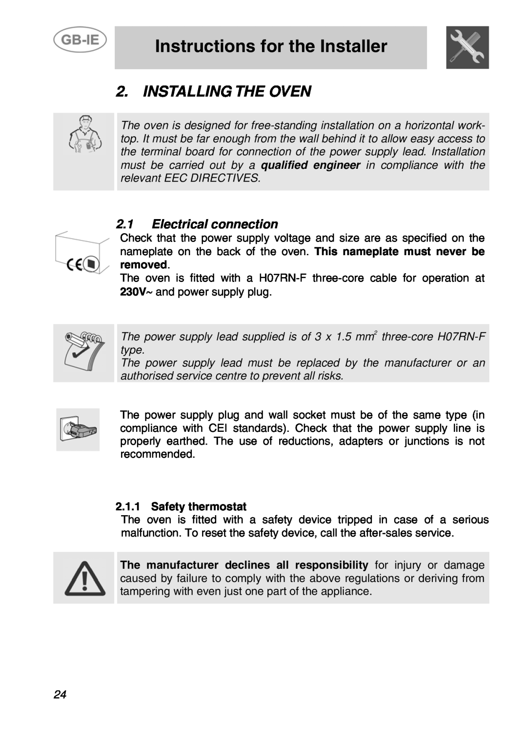 Smeg ALFA41VEK manual Instructions for the Installer, Installing The Oven, Safety thermostat 