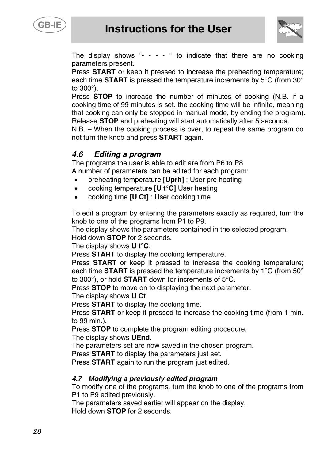 Smeg ALFA41XEN manual Editing a program, Modifying a previously edited program 