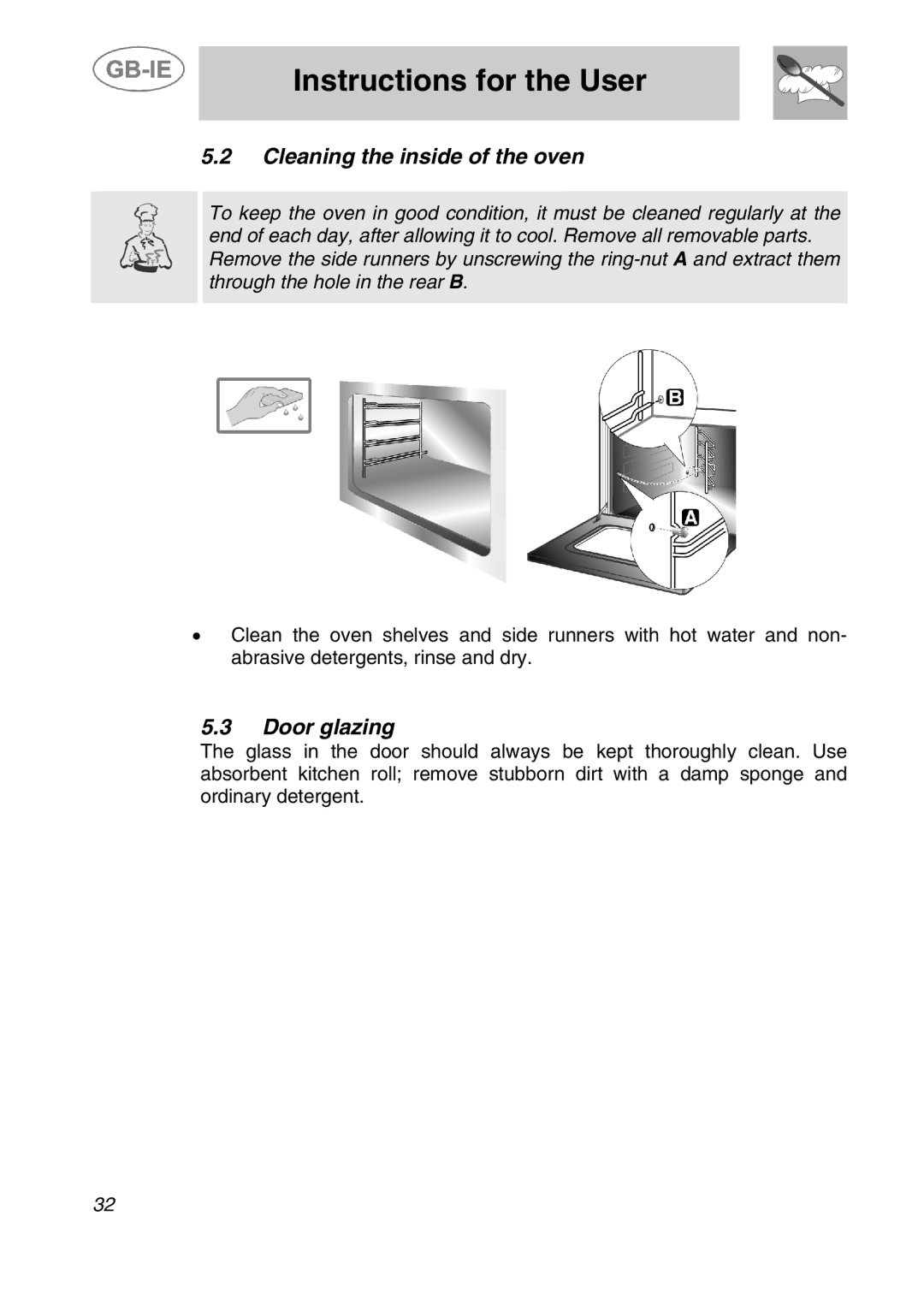 Smeg ALFA41XEN manual Cleaning the inside of the oven, Door glazing 